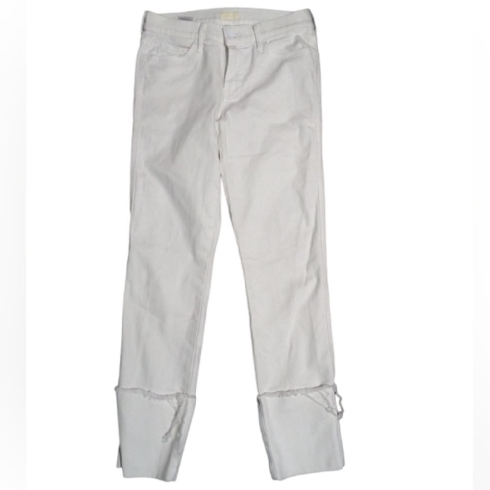 MOTHER Pony Boy Fray Cuffed Straight Leg Jeans Stayin’ Alive White